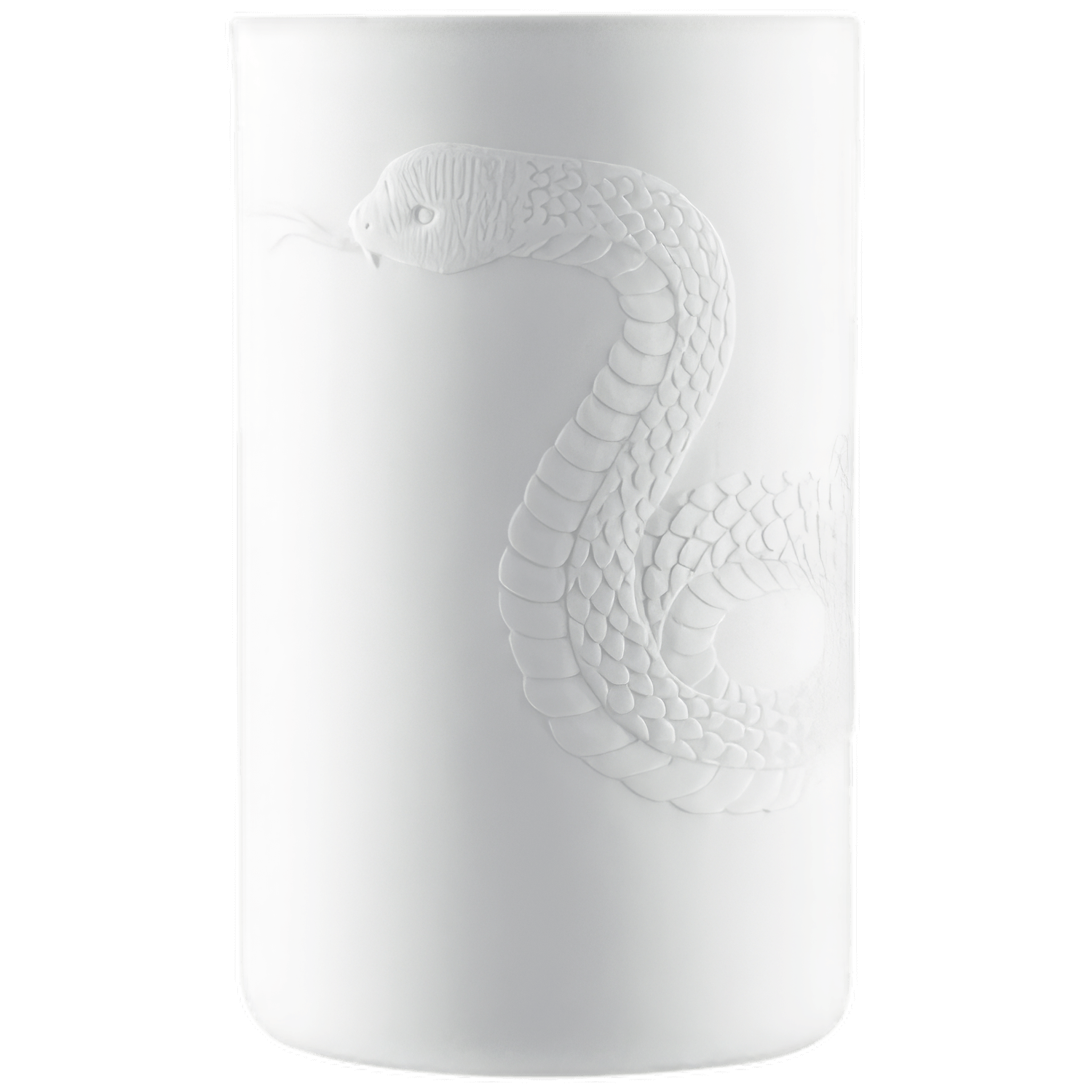 Weiße Vase mit Schlangenrelief, steht in neutralem Hintergrund. Fürstenberg Porzellan.