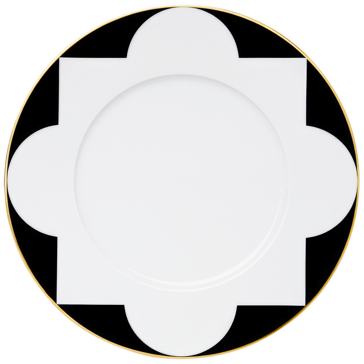 Weiße runde Platte mit goldener Umrandung, geometrisches Design. Fürstenberg Porzellan.