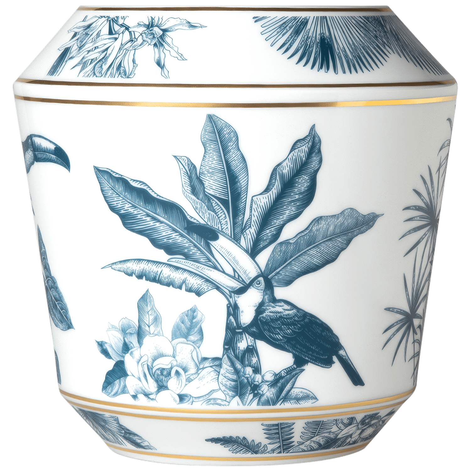 Weiße Vase mit blauem Dschungelmotiv und Tukan, goldene Akzente. Fürstenberg Porzellan.