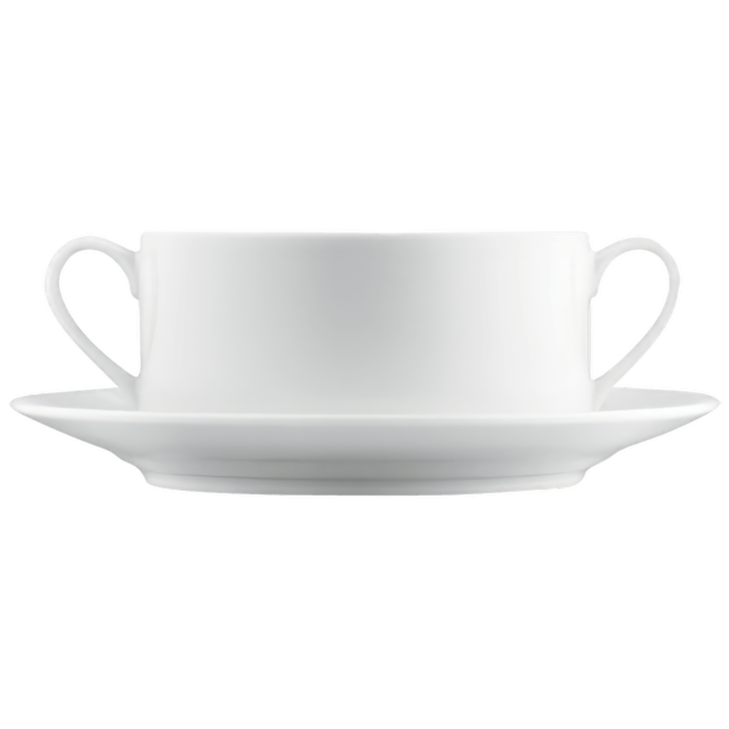 Weiße zweihenkeltasse auf passendem unterteller, minimalistisch gestaltet, vor schwarzem hintergrund. Fürstenberg Porzellan.