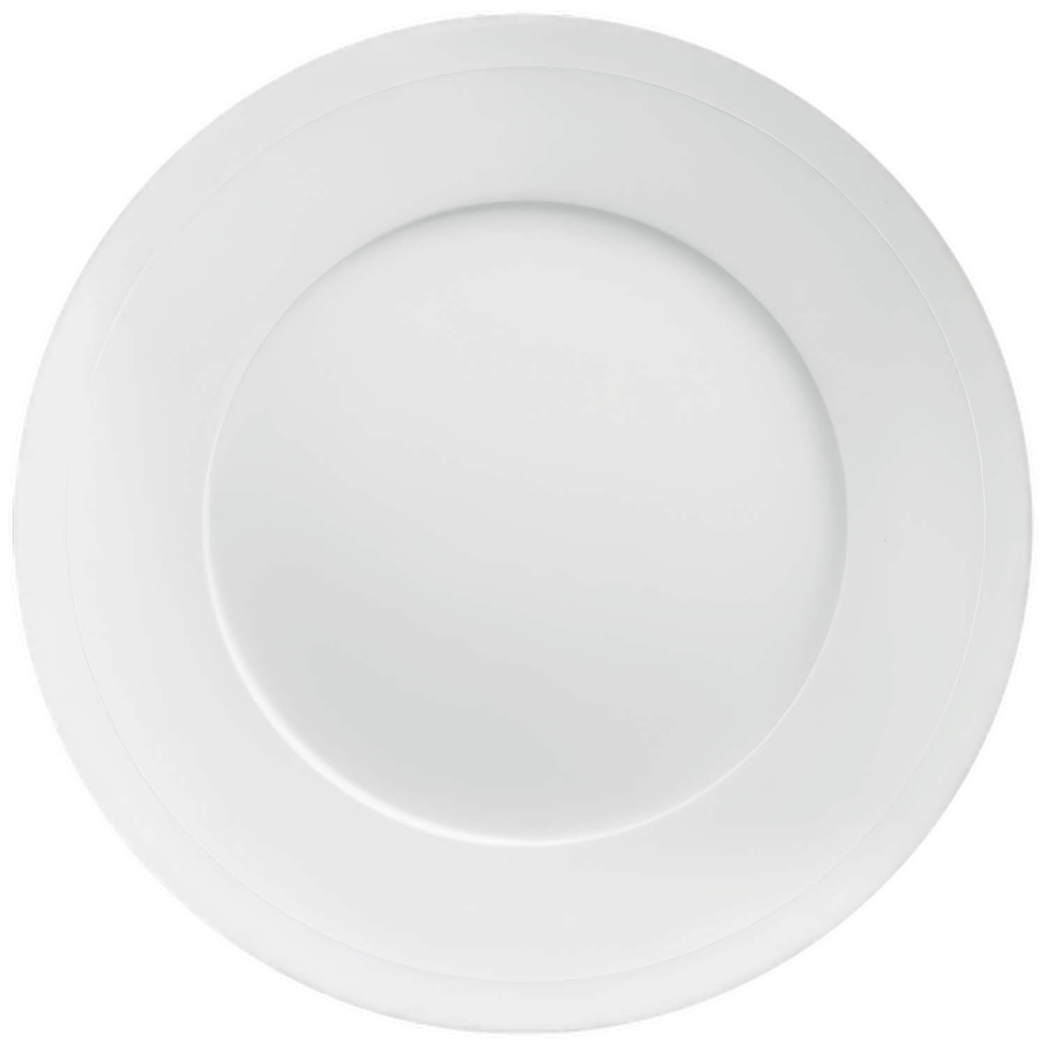 Weißer runder Essteller auf weißem Hintergrund, minimalistisch gestaltet. Fürstenberg Porzellan.