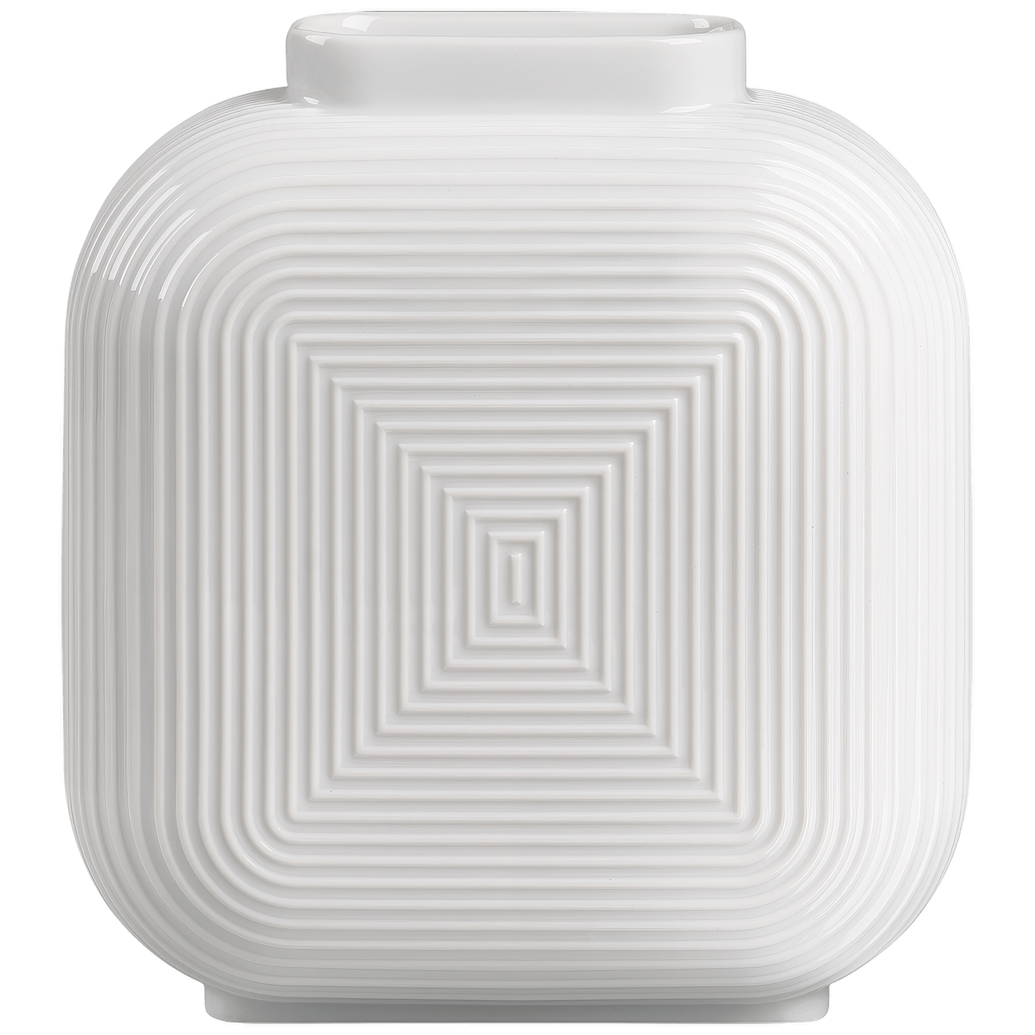 Weiße Porzellanvase mit quadratischen, konzentrischen Rillen auf gleichmäßigem Hintergrund. Fürstenberg Porzellan.