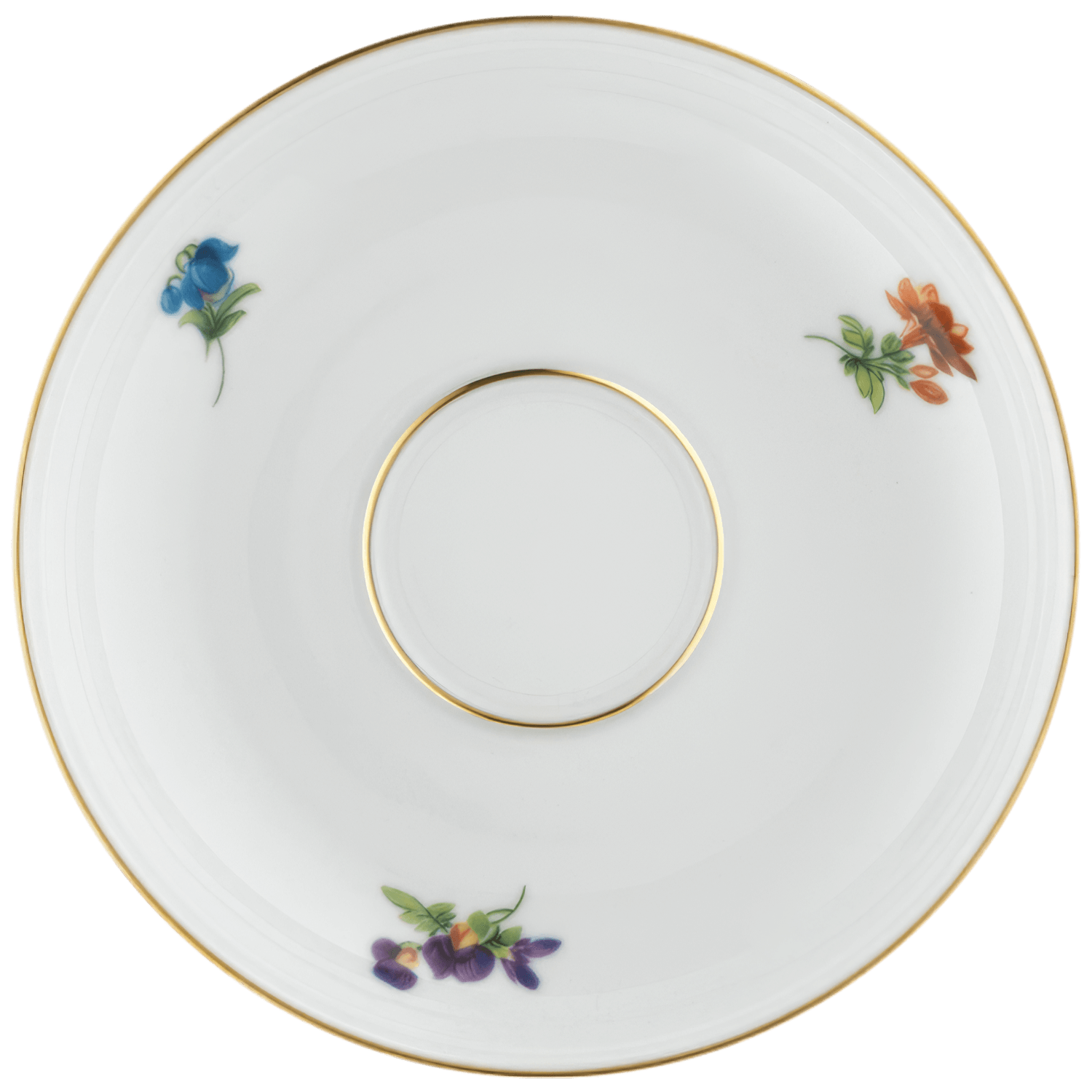 Weiße Untertasse mit goldener Linie, verziert mit bunten Blumenmotiven. Fürstenberg Porzellan.
