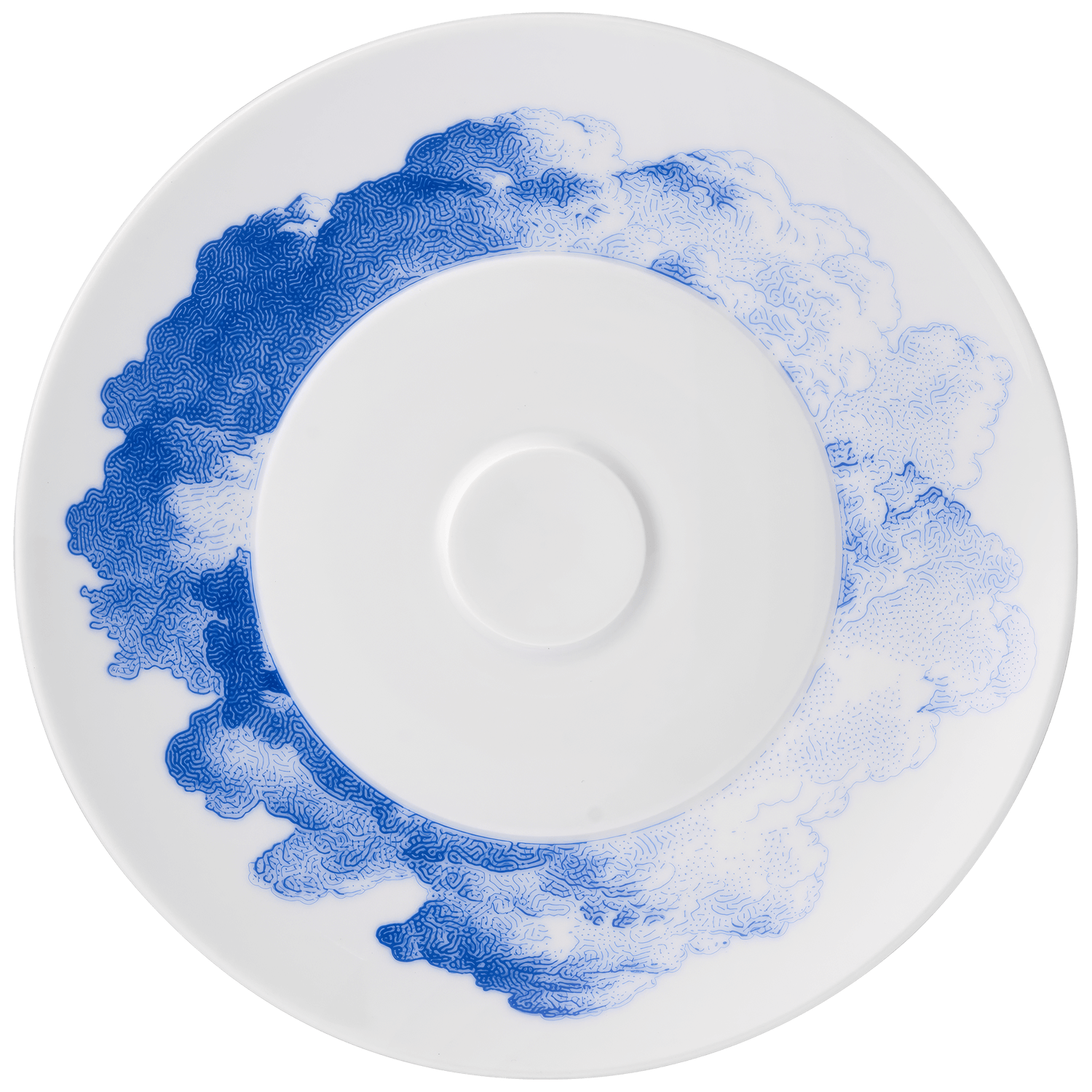 Weiße Porzellanuntertasse mit blauem Wolkenmuster, zentraler Vertiefung. Fürstenberg Porzellan.