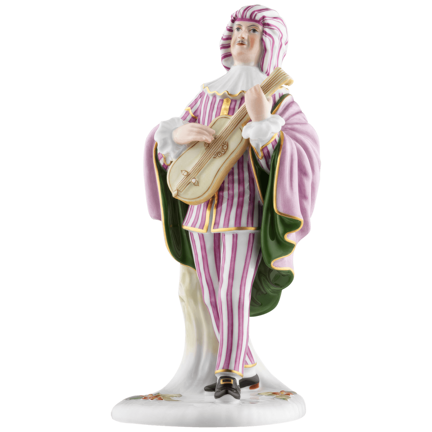 Porzellanfigur Harlekin spielt Laute, bekleidet mit gestreiftem Anzug und Umhang. Fürstenberg Porzellan.