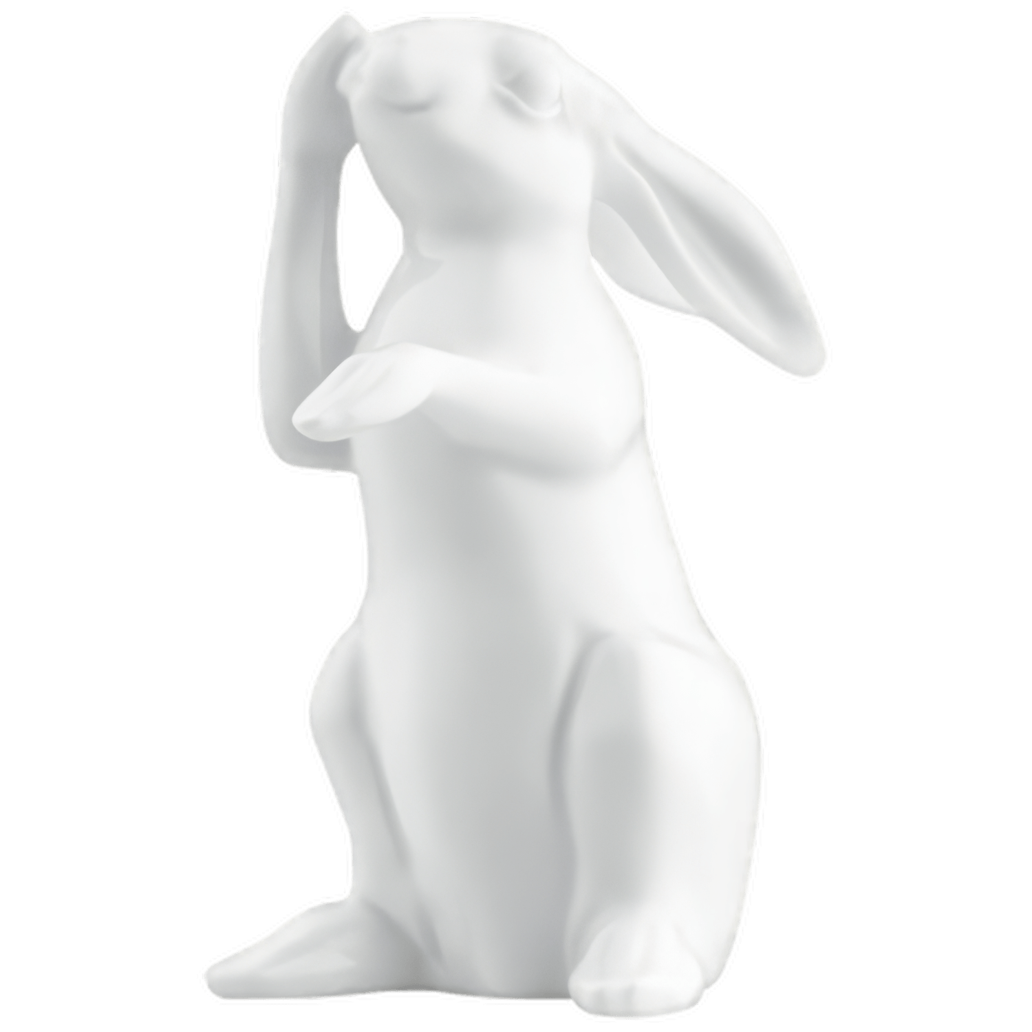 Weiße Porzellanfigur eines sitzenden, sich kratzenden Hasen. Fürstenberg Porzellan.