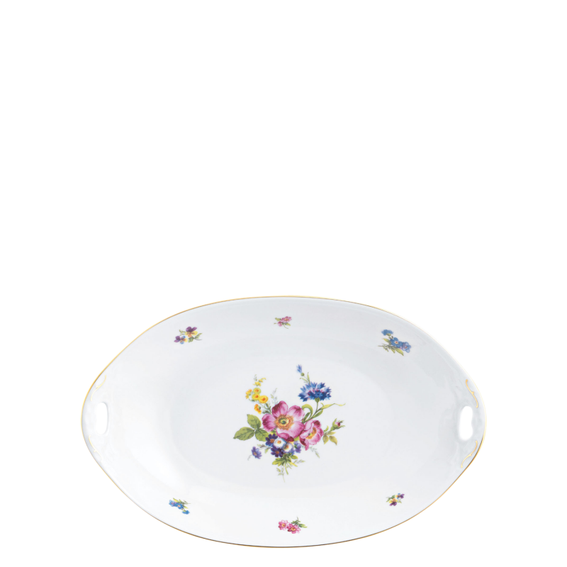 Ovales Tablett mit Blumendekor und goldenen Rändern, zwei Grifföffnungen. Fürstenberg Porzellan.