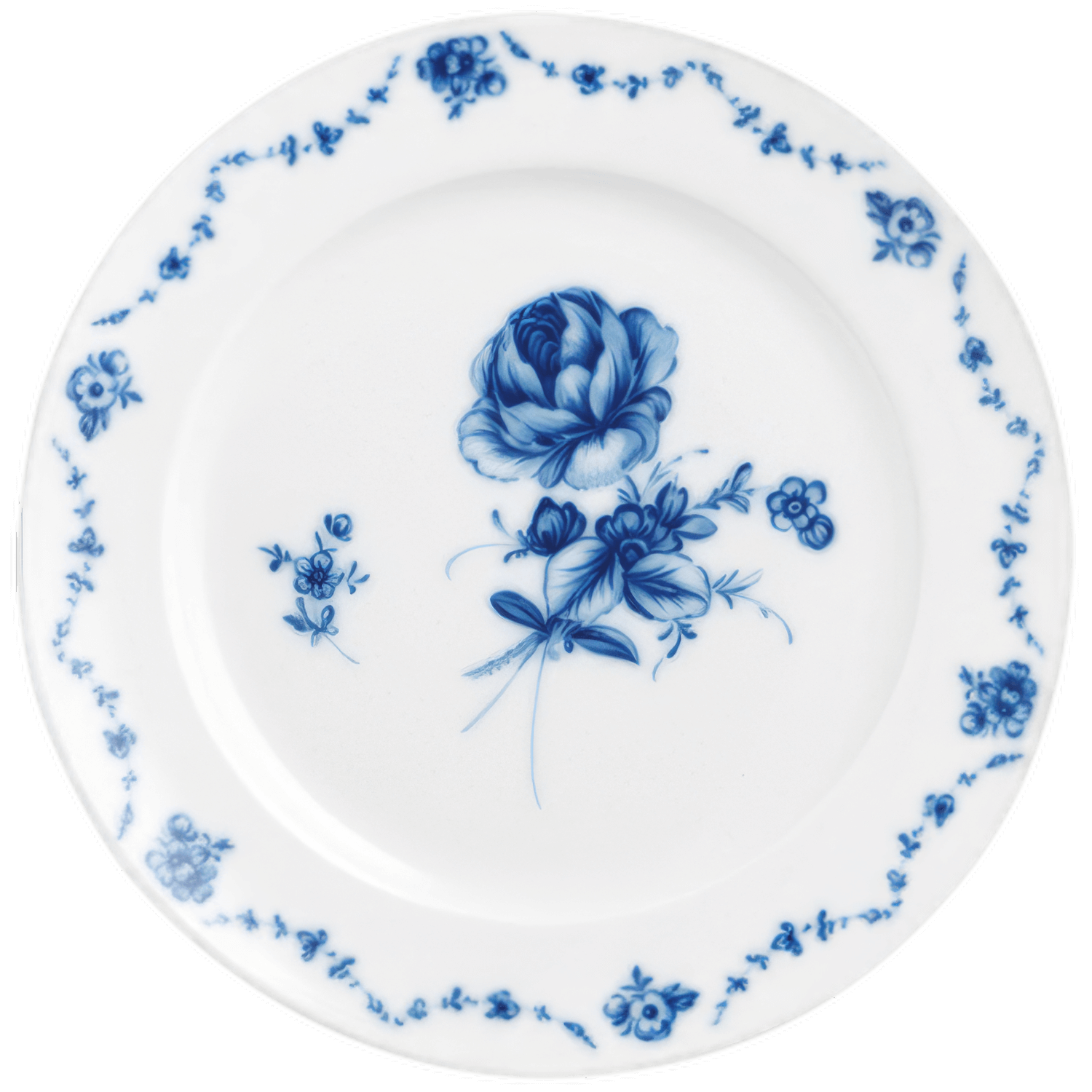 Weiße Porzellanteller mit blauen Blumenmustern dekoriert, auf einem weißen Hintergrund. Fürstenberg Porzellan.