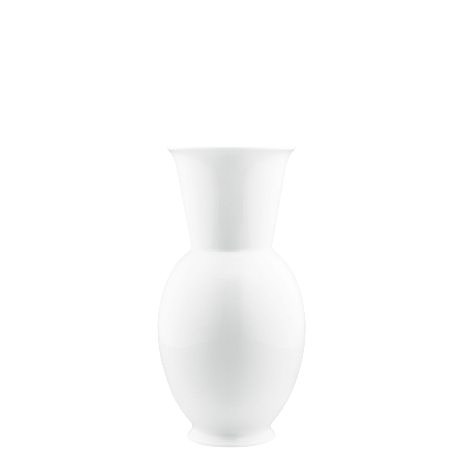 Weiße Porzellanvase, bauchig und hoch, auf weißem Hintergrund. Fürstenberg Porzellan.