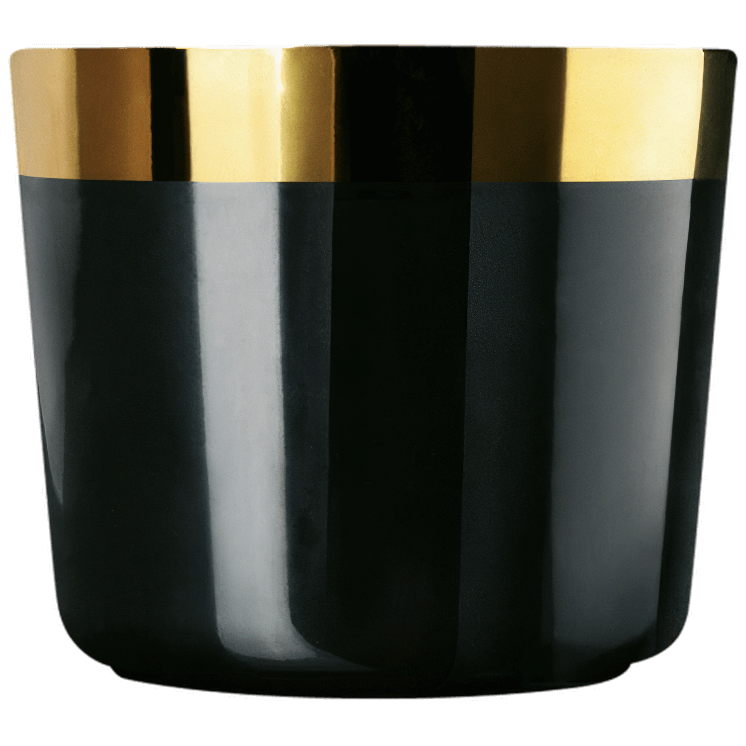 Schwarze Tasse mit glänzendem goldenen Rand, stehend auf neutralem Hintergrund. Fürstenberg Porzellan.