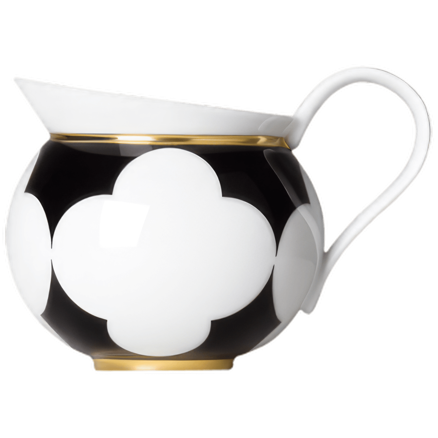 Schwarze Kaffeekanne mit weißen Blumenmuster und Henkel, steht auf goldenem Rand. Fürstenberg Porzellan.