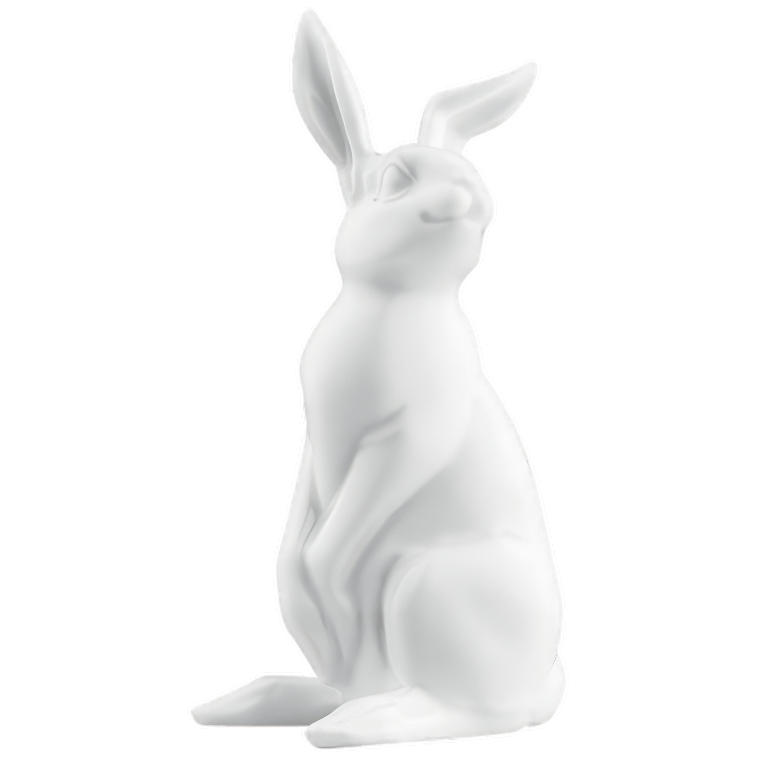 Weiße Porzellanfigur eines sitzenden Hasen auf schwarzem Hintergrund. Fürstenberg Porzellan.