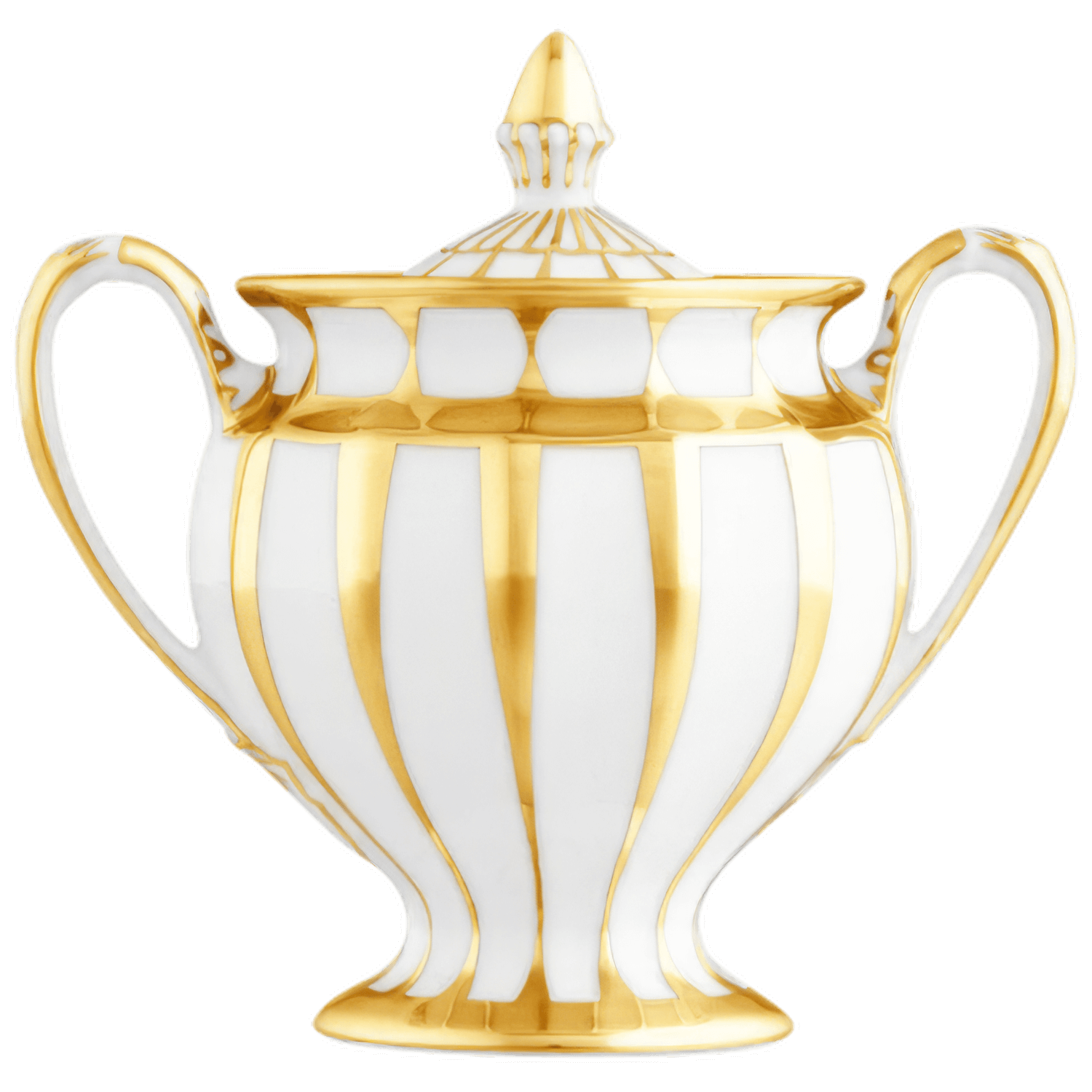 Weiße Porzellan-Zuckerdose mit goldenen Streifen und zwei Griffen. Fürstenberg Porzellan.