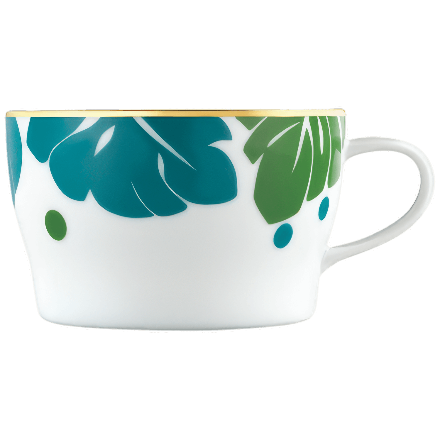 Weiße Kaffeetasse mit buntem Blattmuster, grüner und blauer Verzierung. Fürstenberg Porzellan.