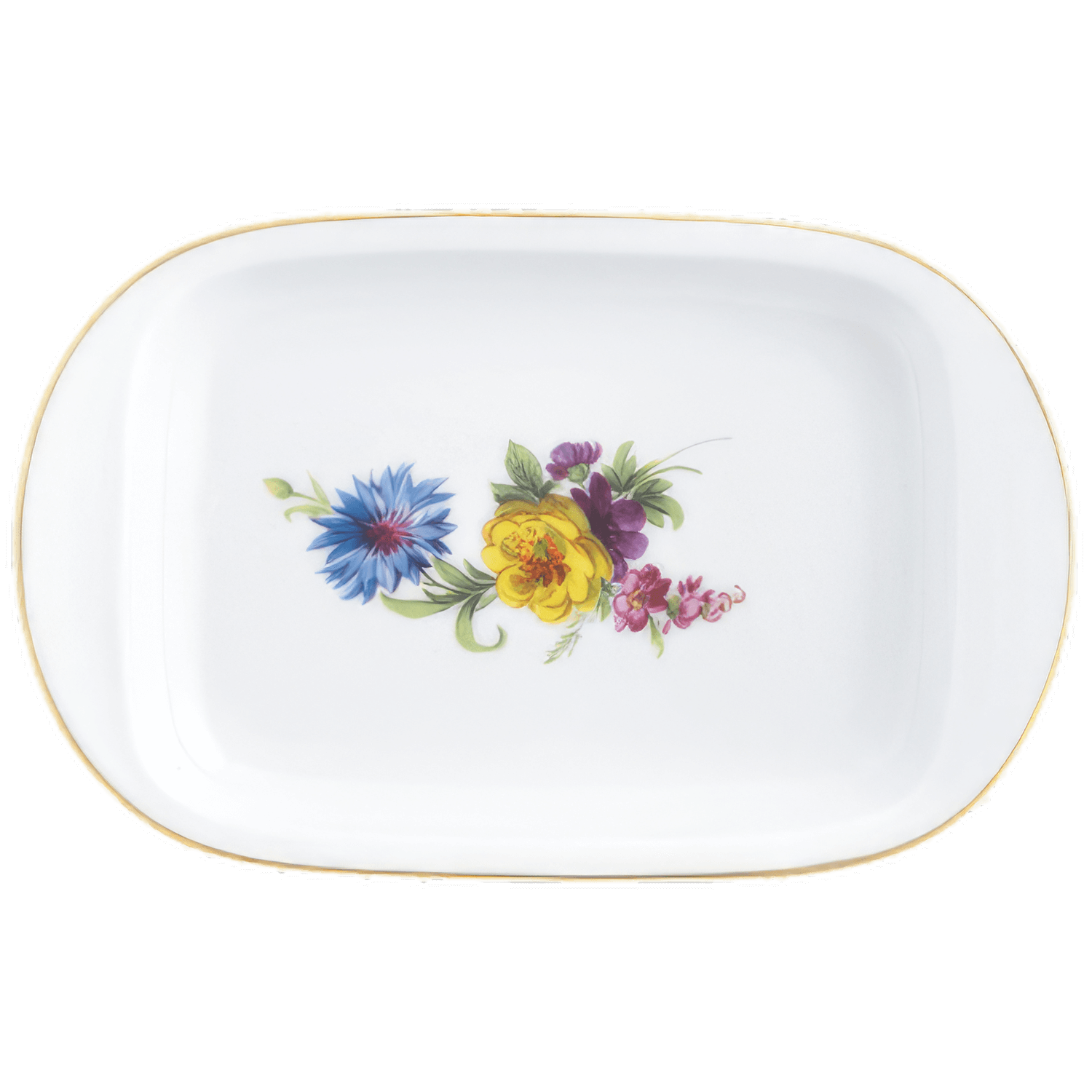 Weiße rechteckige Porzellanschale mit Blumendekor, erhoben dargestellt. Fürstenberg Porzellan.