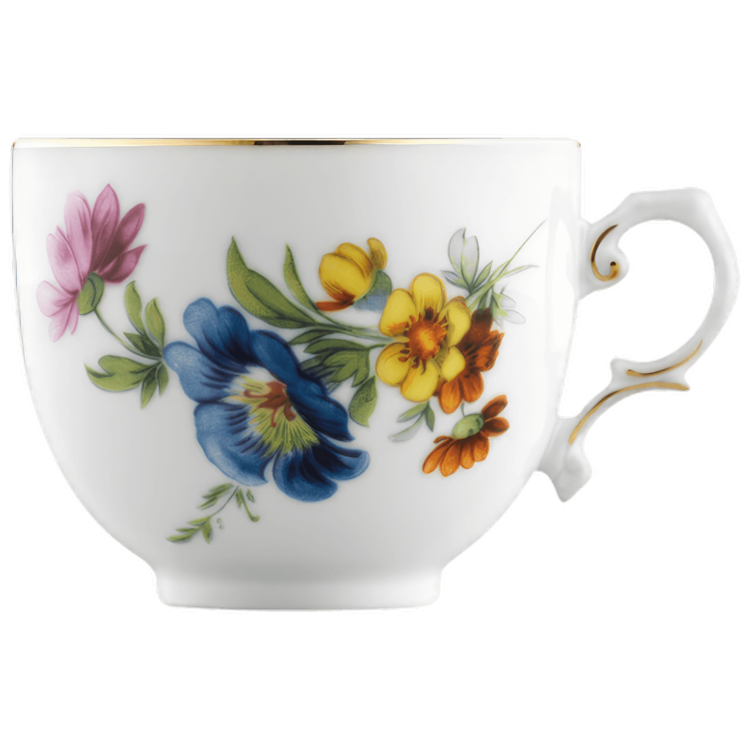 Porzellantasse mit floralen Motiven und goldener Kante, steht aufrecht. Fürstenberg Porzellan.