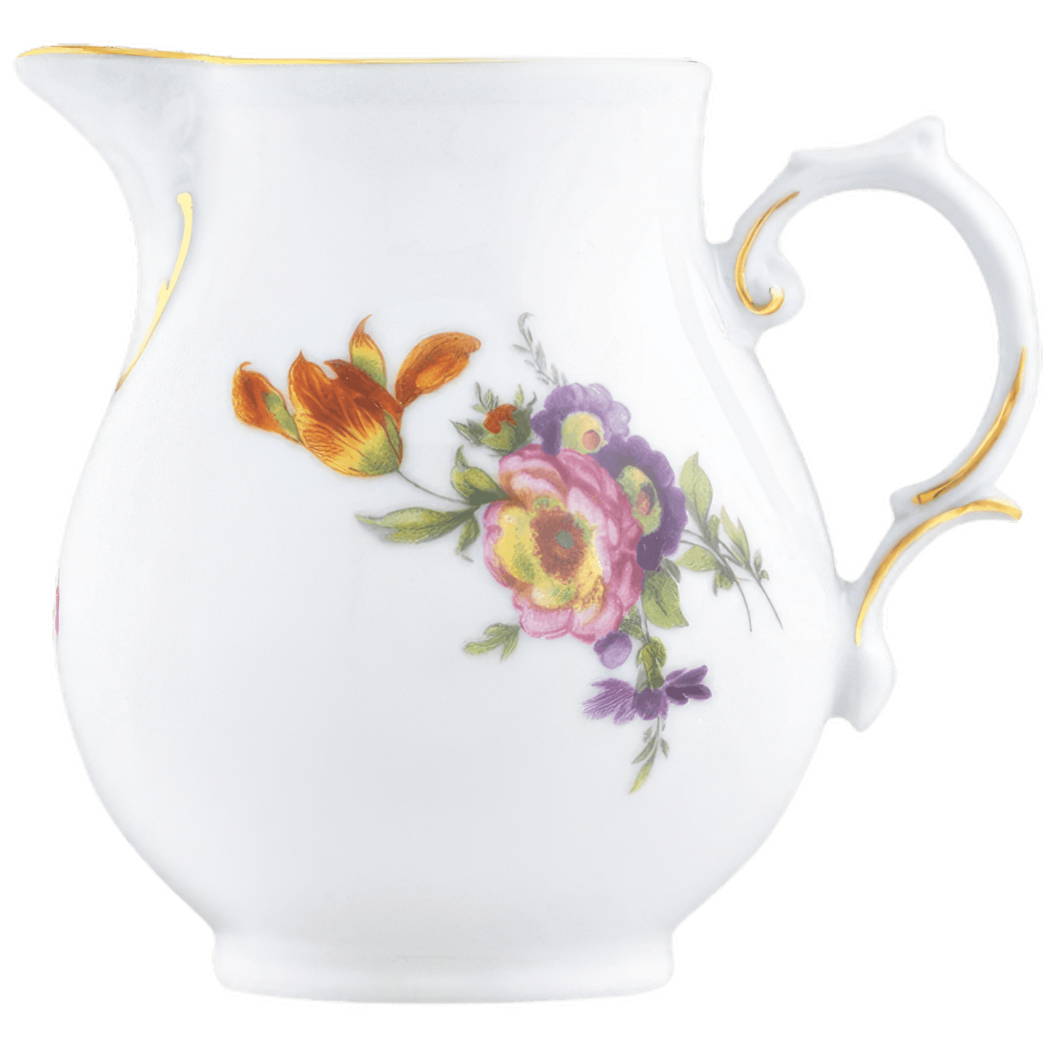Weiße Porzellan-Milchkanne mit buntem Blumenmuster und goldenen Akzenten. Fürstenberg Porzellan.