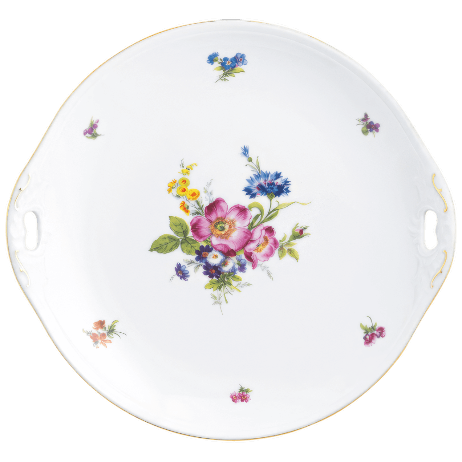 Weiße Porzellanplatte mit buntem Blumenmuster in der Mitte, zwei Tragegriffen. Fürstenberg Porzellan.