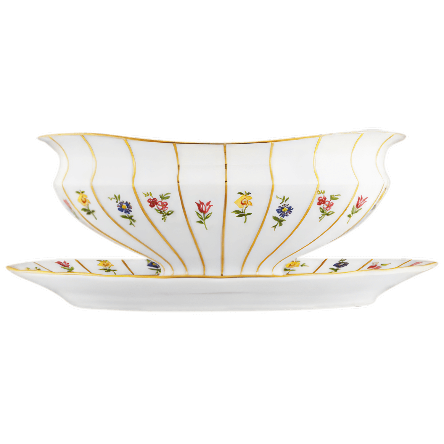 Weiße Porzellanschale mit goldenen Linien und bunten Blumendesign auf Unterteller. Fürstenberg Porzellan.