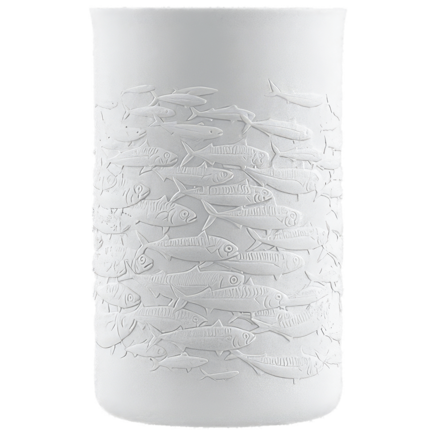 Weiße, zylindrische Vase mit Fischrelief-Muster, Fischschwarm-Design. Fürstenberg Porzellan.