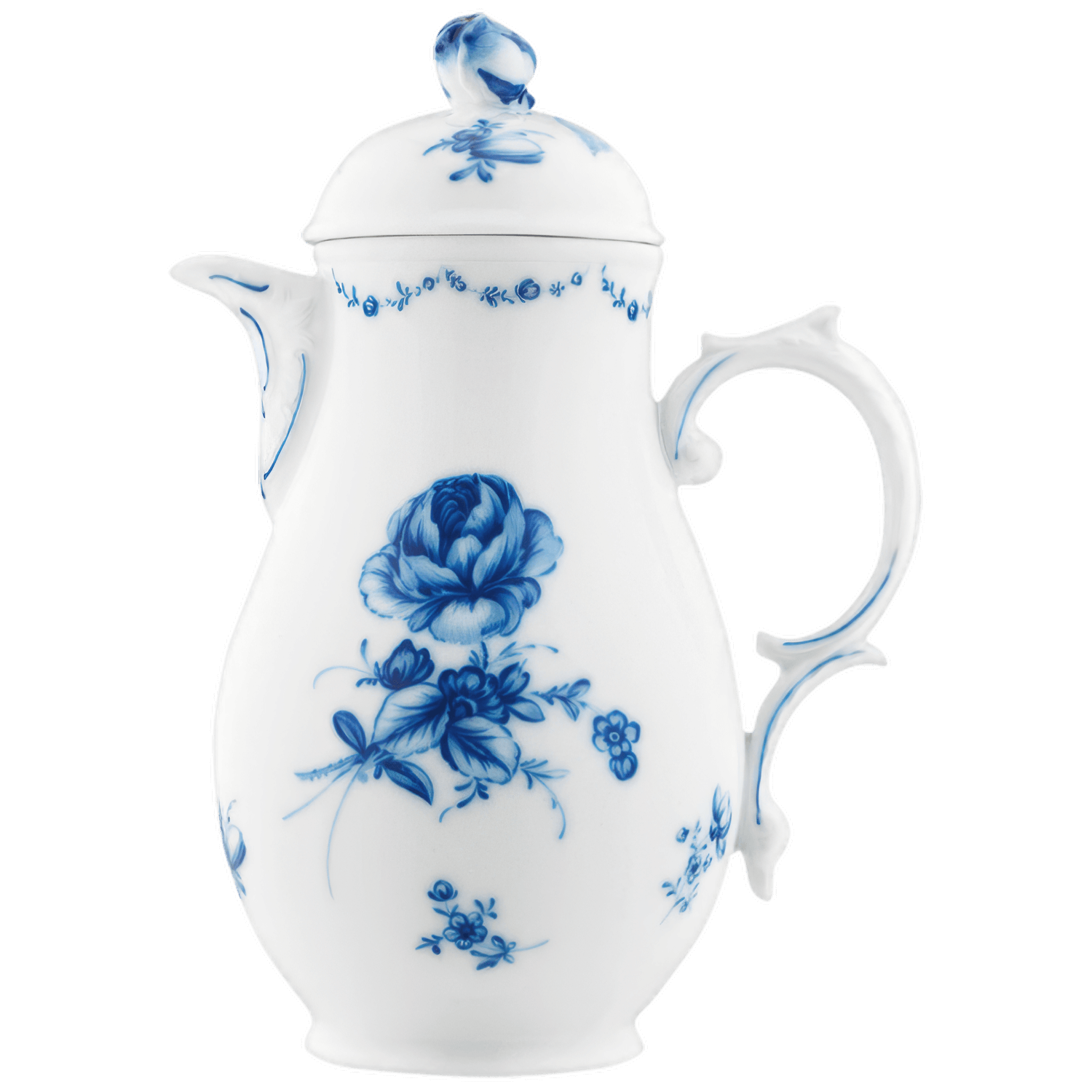 Weiße Porzellankanne mit blauen Blumenmotiven, geschwungenem Henkel und Deckel. Fürstenberg Porzellan.