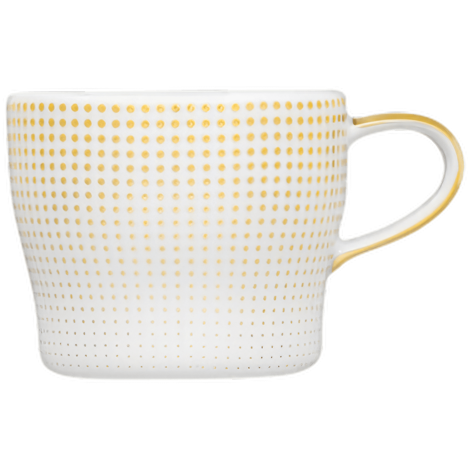 Weiße Tasse mit gelber Punktmusterung steht auf schwarzem Hintergrund. Fürstenberg Porzellan.