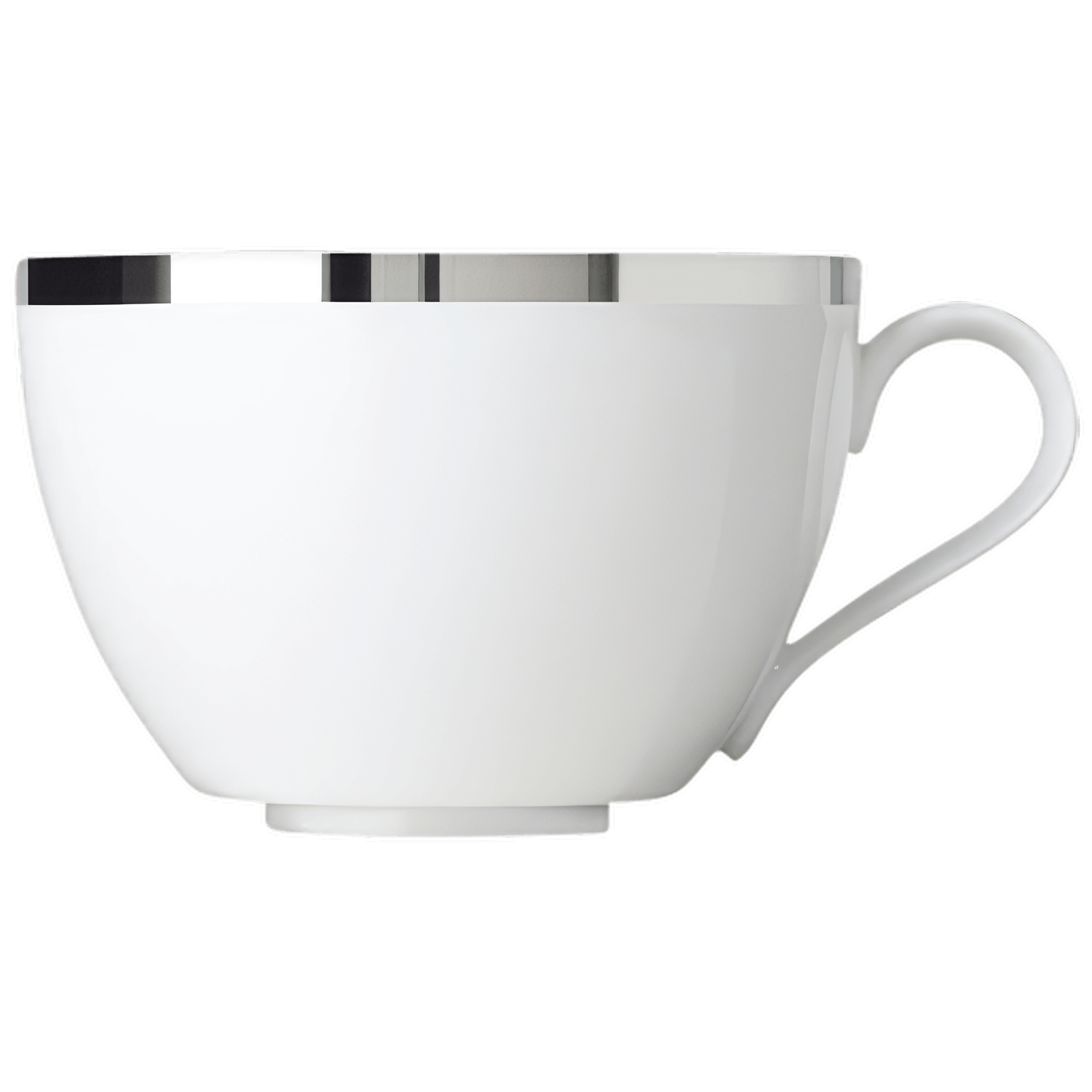 Weiße Teetasse mit silbernem Rand, auf schwarzem Hintergrund platziert. Fürstenberg Porzellan.