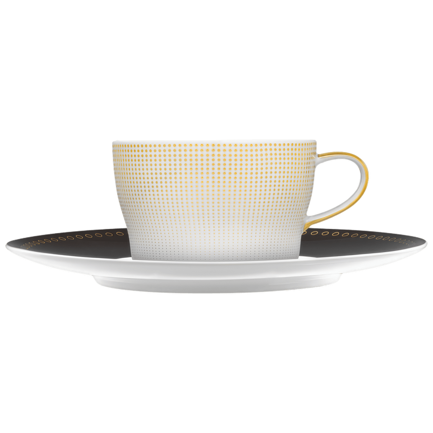 Tasse mit goldenen Punkten steht auf einem passenden Unterteller. Fürstenberg Porzellan.