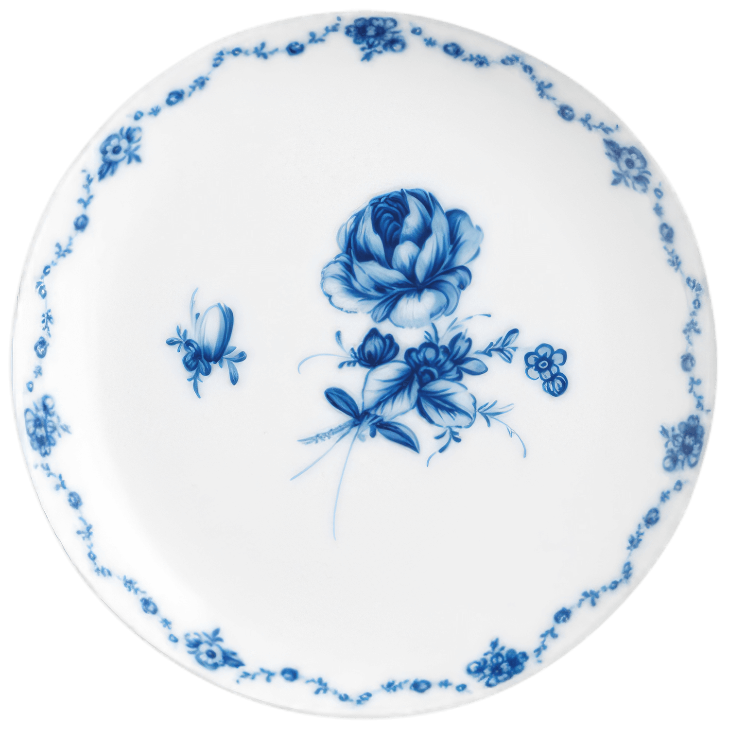Weißer Teller, blaue Blumenmuster, zarte Ränder, detaillierte Verzierungen. Fürstenberg Porzellan.