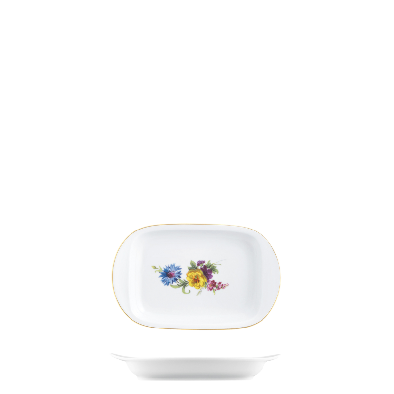 Rechteckige Porzellanschale mit Blumendekor und Goldrand, seitlich präsentiert. Fürstenberg Porzellan.