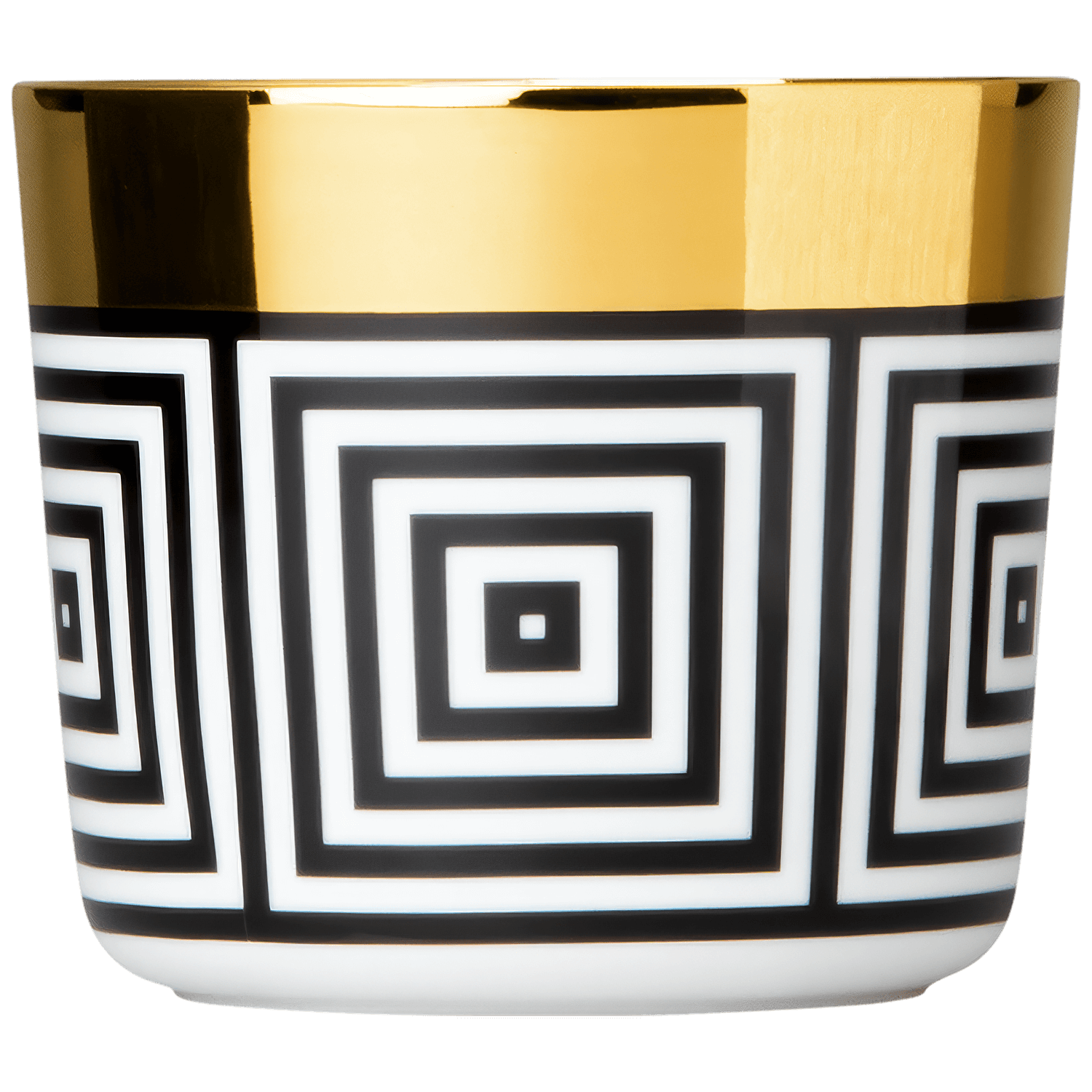 Tasse mit goldenem Rand, geometrischen schwarz-weißen Mustern, auf weißem Hintergrund. Fürstenberg Porzellan.