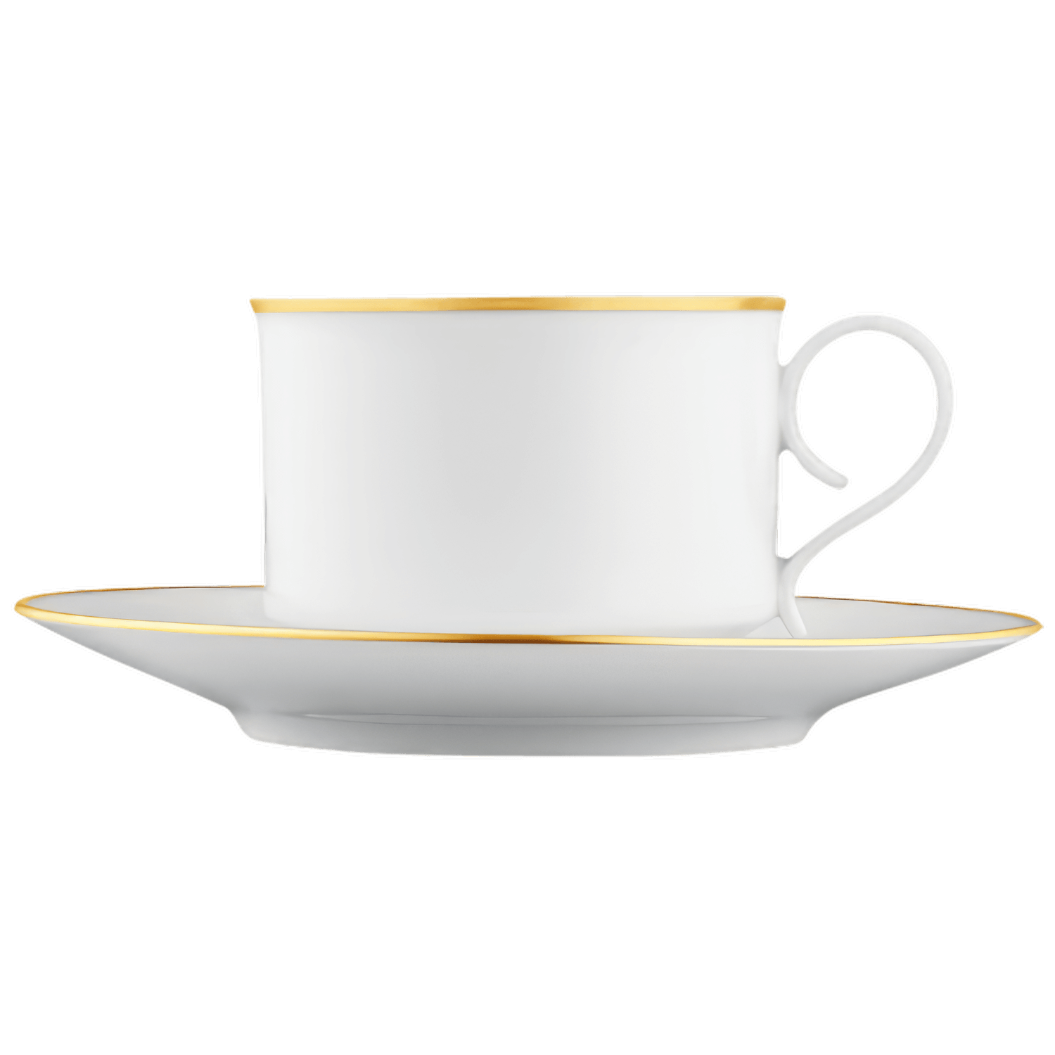 Weiße Tasse mit Goldrand auf Untertasse vor schwarzem Hintergrund. Fürstenberg Porzellan.
