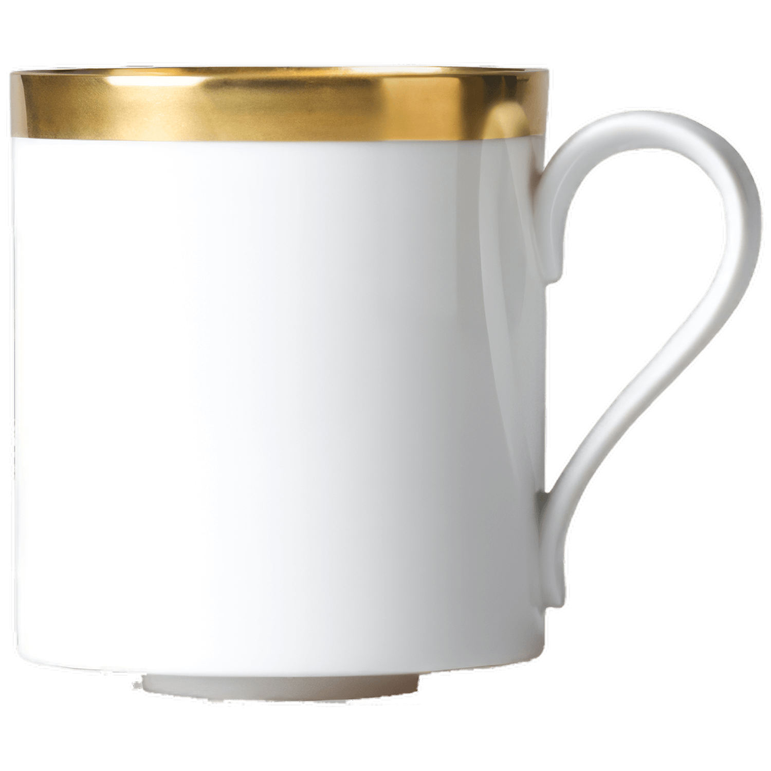 Weiße Tasse mit goldener Kante, steht still auf weißem Hintergrund. Fürstenberg Porzellan.