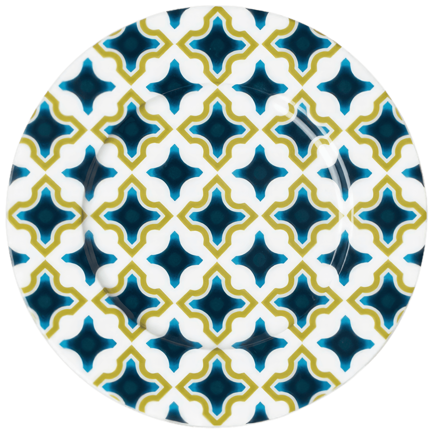 Porzellanteller mit blau-gelbem geometrischem Muster schwebt vor weißem Hintergrund. Fürstenberg Porzellan.