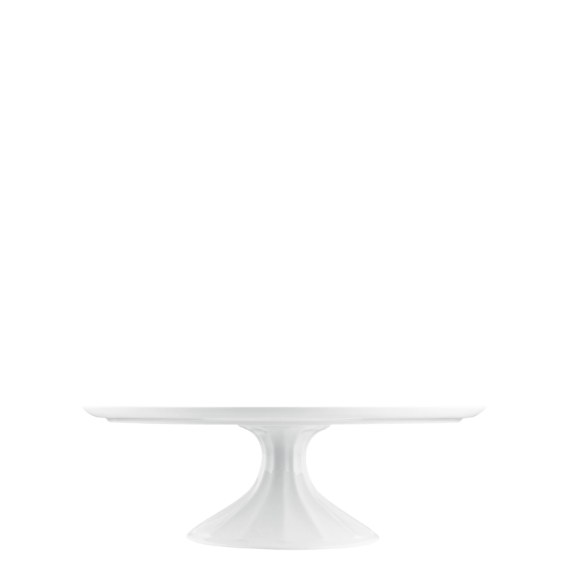 Weiße, runde Porzellan-Tortenplatte auf Fuß, minimalistisch gestaltet. Fürstenberg Porzellan.