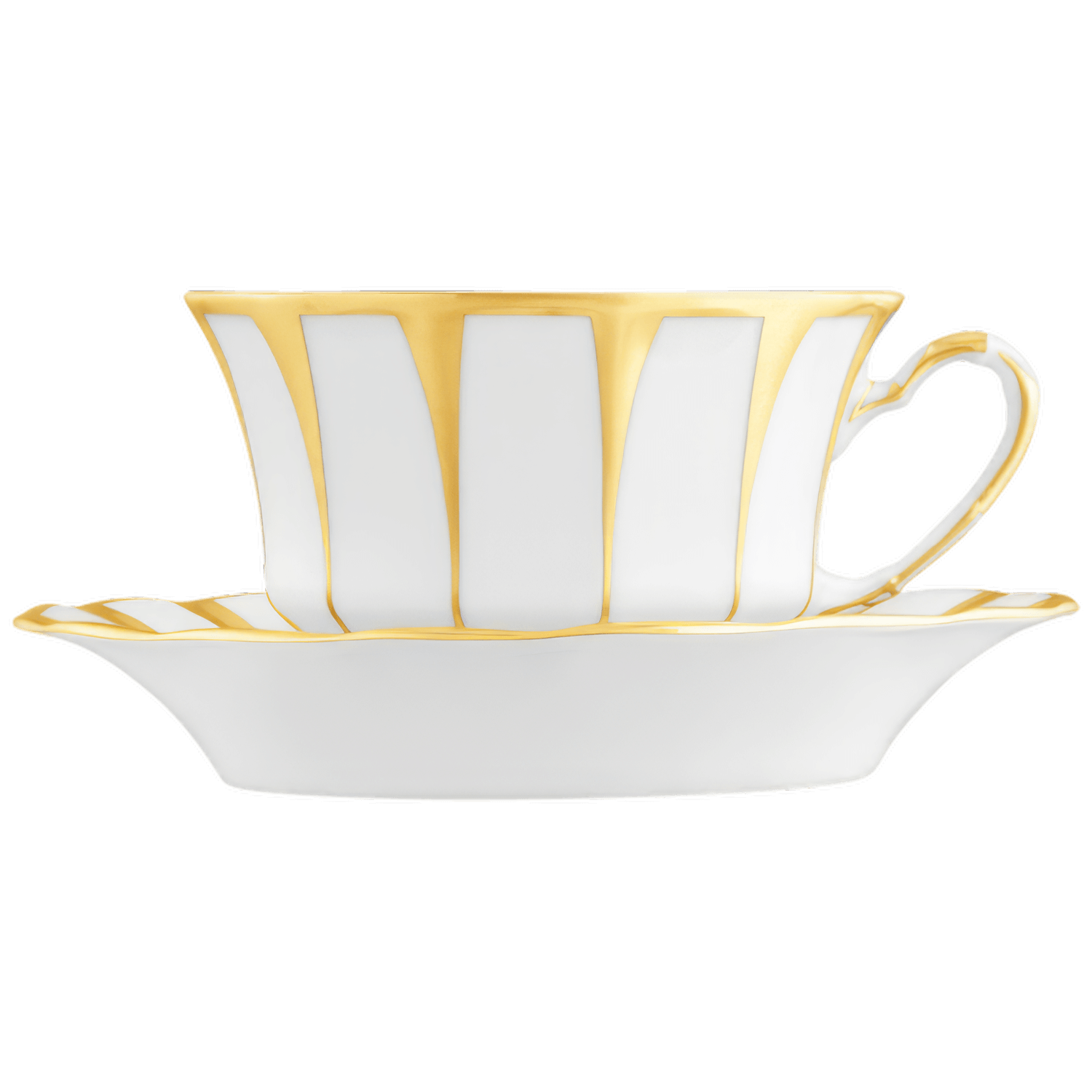 Weiße Teetasse mit goldenen Streifen auf passender Untertasse. Fürstenberg Porzellan.