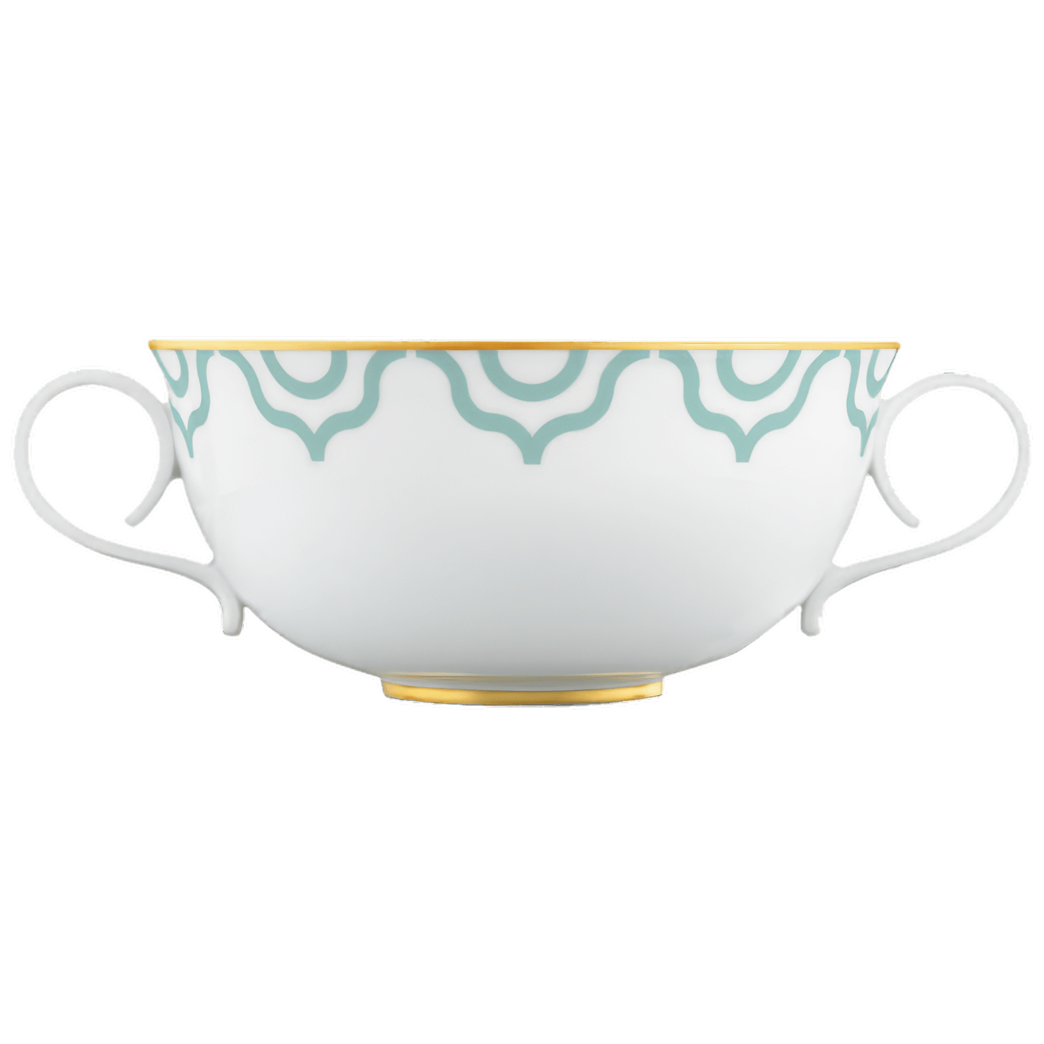 Weiße zweihenkeltasse mit goldenen und türkisfarbenen Musterrändern. Fürstenberg Porzellan.