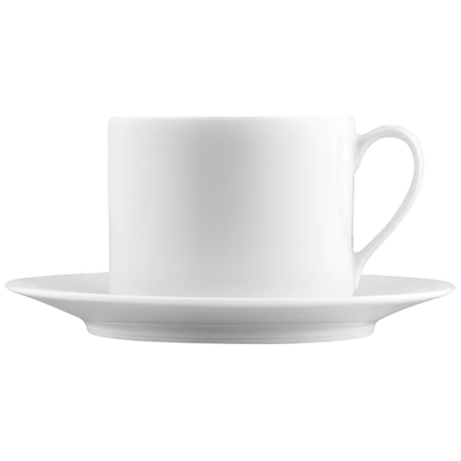 Weiße Porzellantasse mit Untertasse steht auf weißem Hintergrund. Fürstenberg Porzellan.