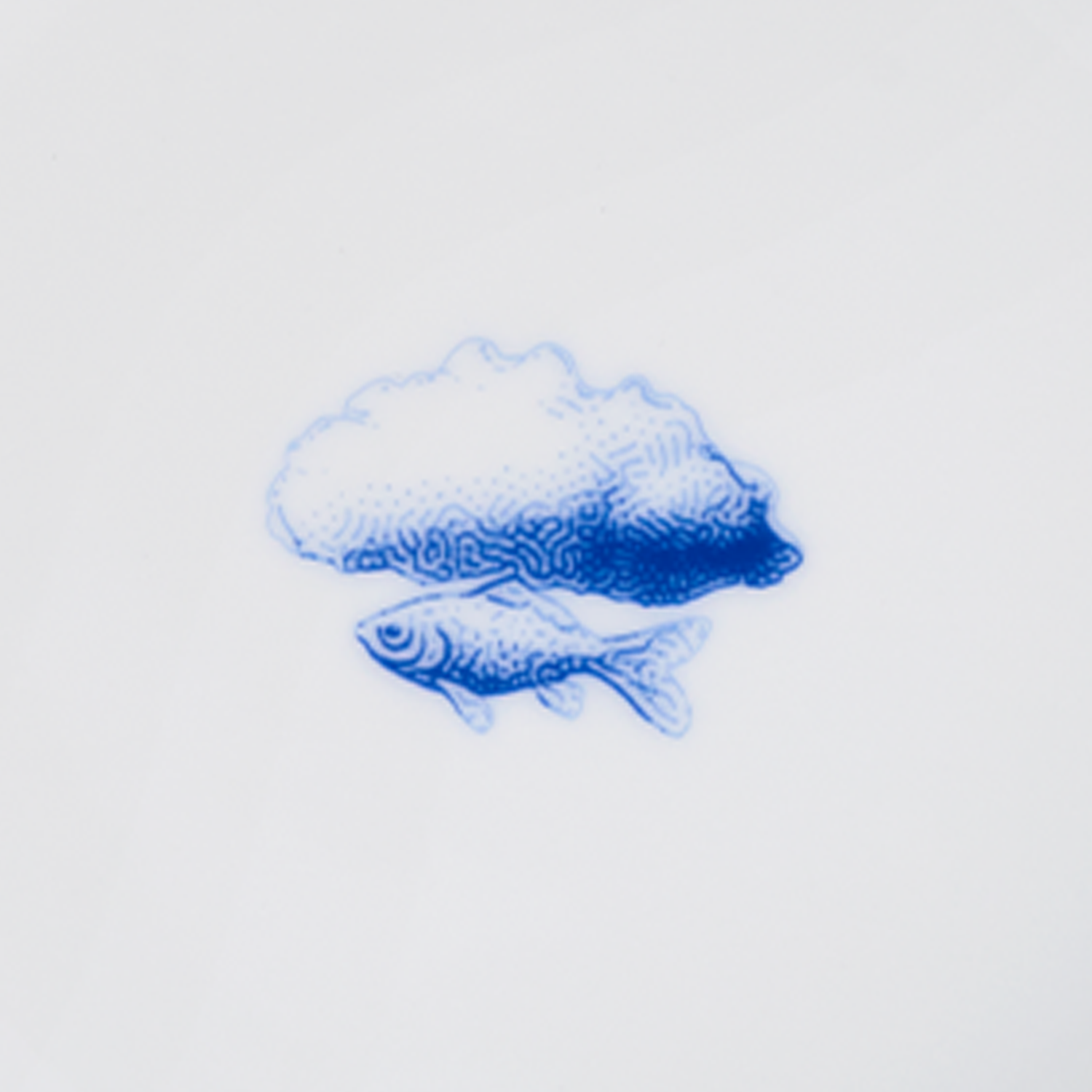 Blauer Fisch mit Wolke auf Porzellanteller dekoriert. Fürstenberg Porzellan.