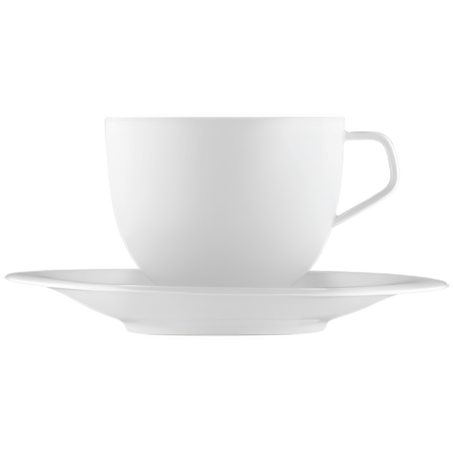 Weiße Tasse auf Untertasse, stehend auf weißem Hintergrund. Fürstenberg Porzellan.