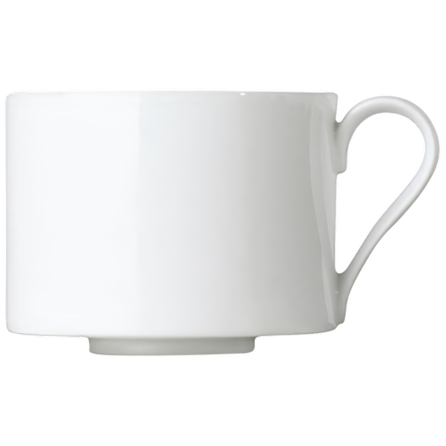 Weiße, zylindrische Tasse mit Henkel auf schwarzem Hintergrund platziert. Fürstenberg Porzellan.