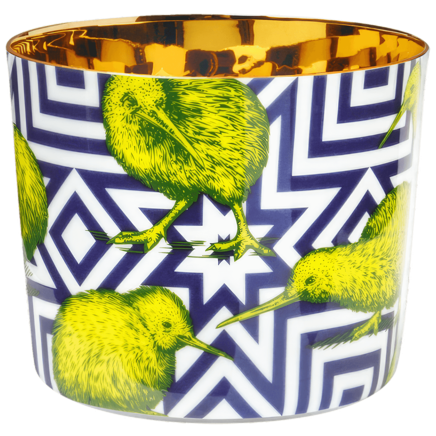 Porzellanbecher mit gelben Kiwi-Vögeln, geometrischem Muster, goldener Innenseite. Fürstenberg Porzellan.