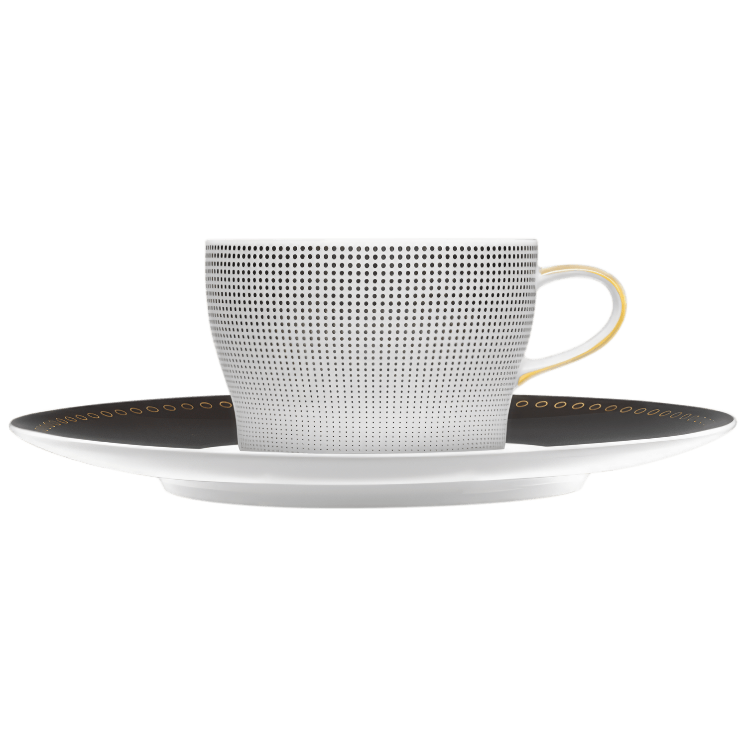 Weiße Tasse mit schwarz-weißem Punktmuster auf passender Untertasse. Fürstenberg Porzellan.