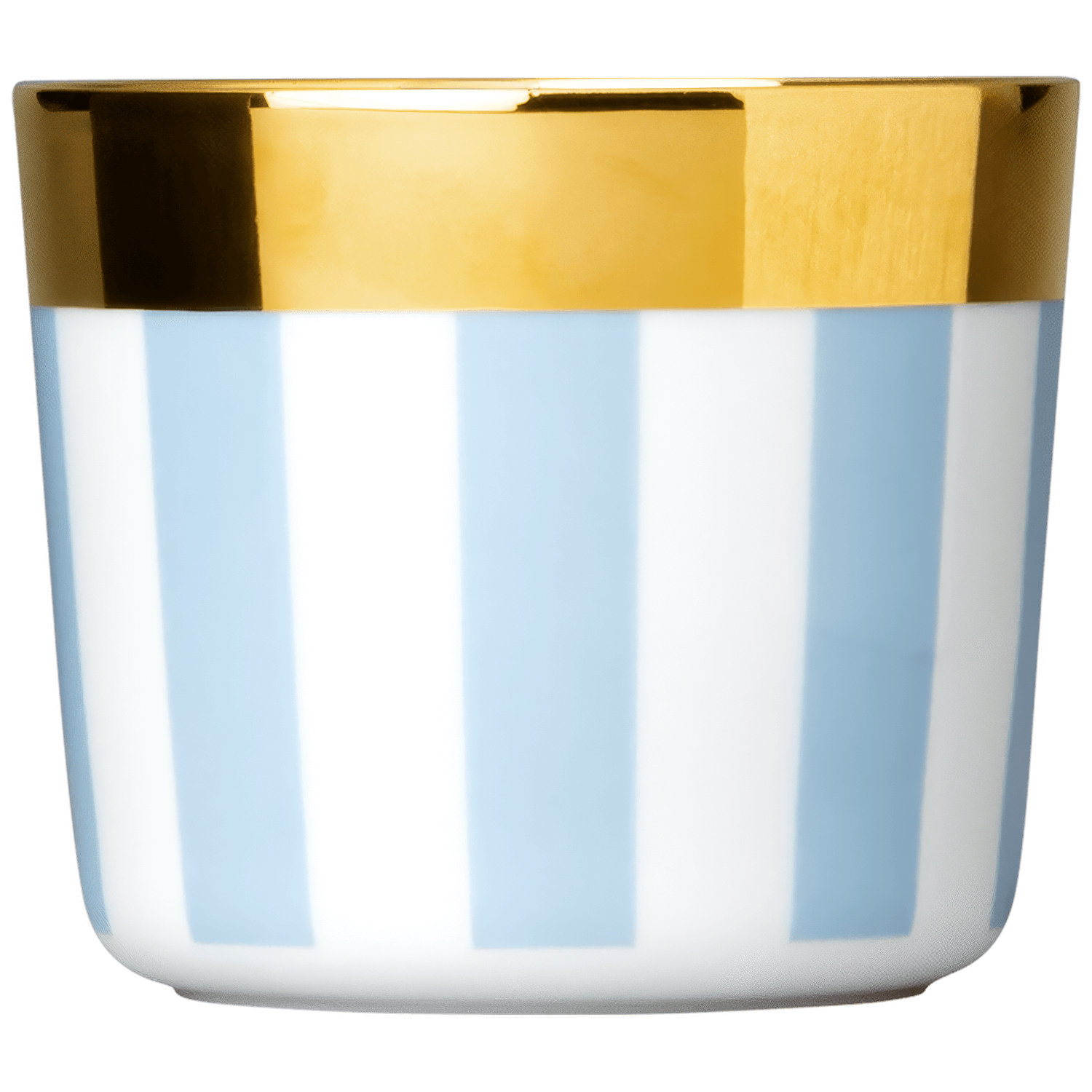 Becher mit blauen Streifen und goldener Oberkante auf weißem Hintergrund. Fürstenberg Porzellan.