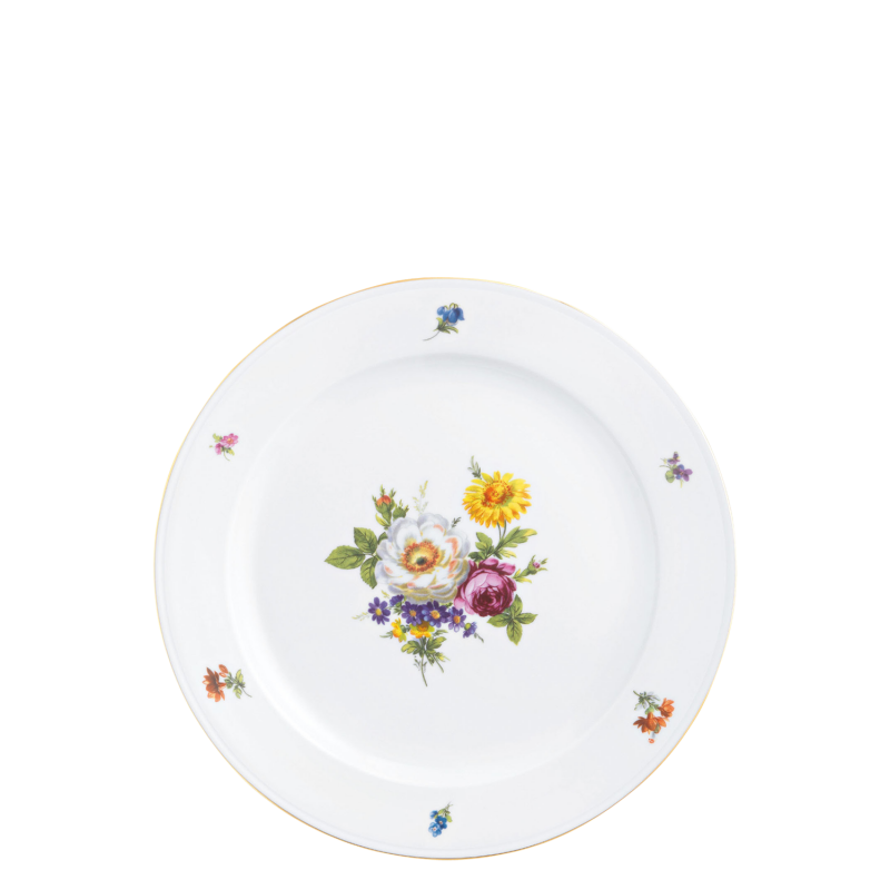 Weißer Porzellanteller mit buntem Blumenmuster in der Mitte. Fürstenberg Porzellan.