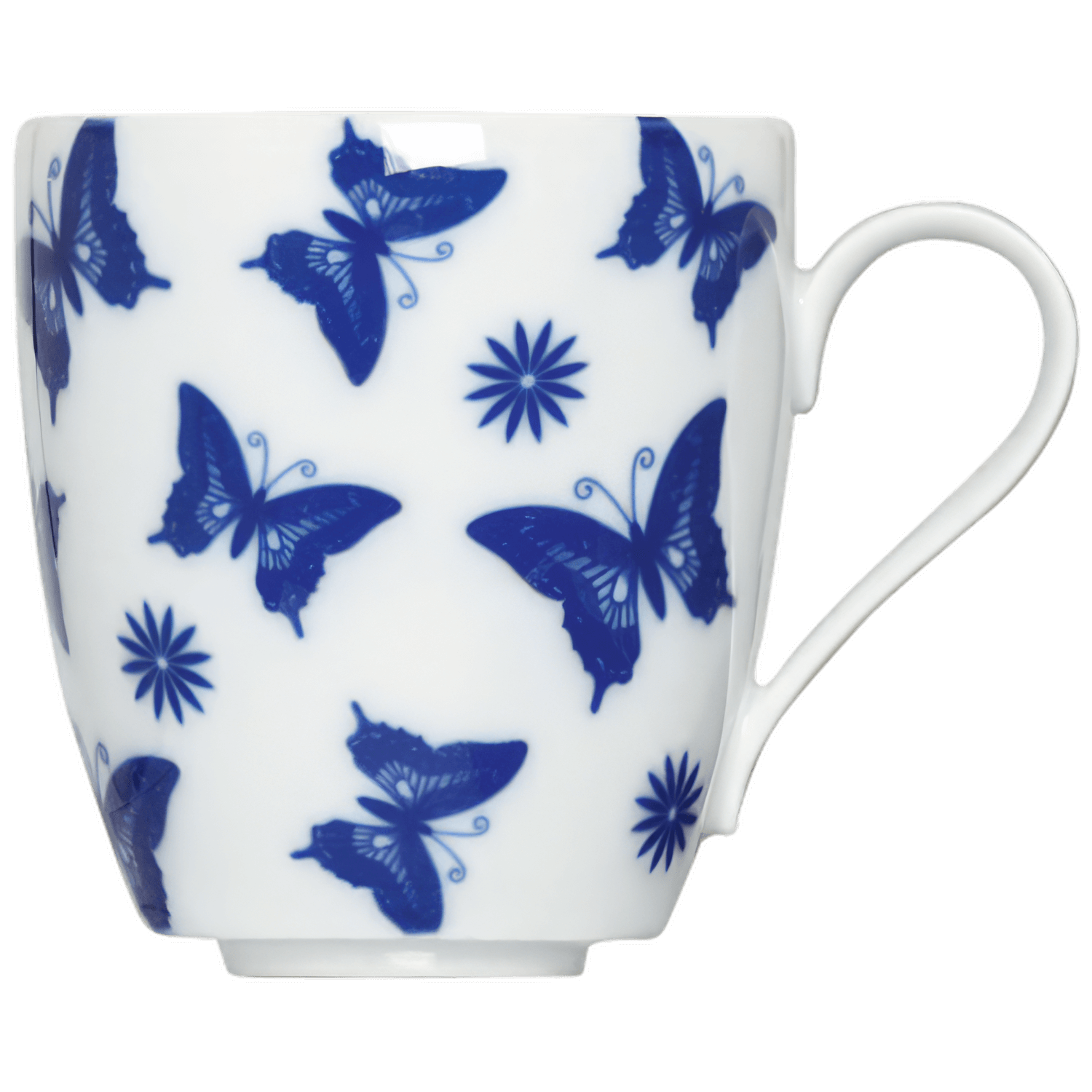 Weiße Tasse mit blauen Schmetterlingen und Blumenmuster, seitlicher Henkel. Fürstenberg Porzellan.