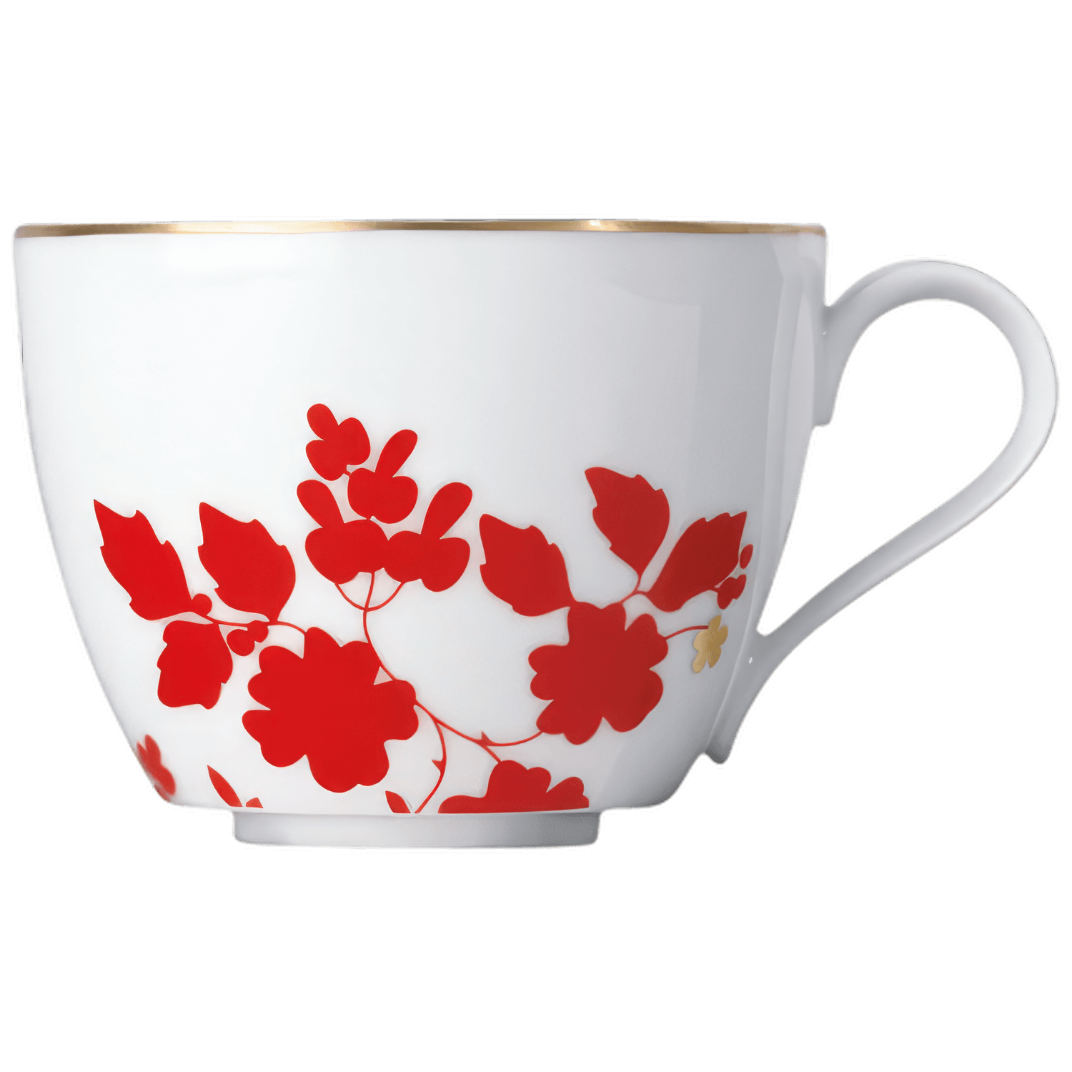 Weiße Teetasse mit roten Blumen und goldener Kante, elegant gestaltet. Fürstenberg Porzellan.