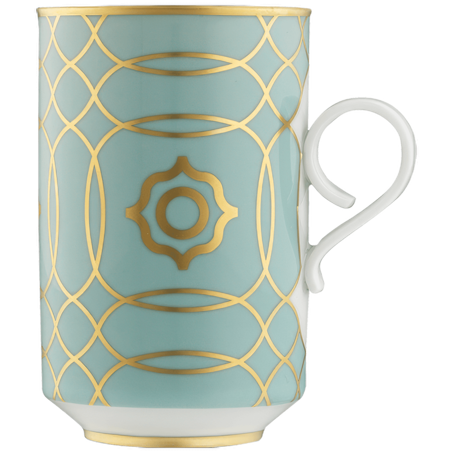 Türkise Tasse mit goldenem, geometrischem Muster auf weißem Untergrund. Fürstenberg Porzellan.