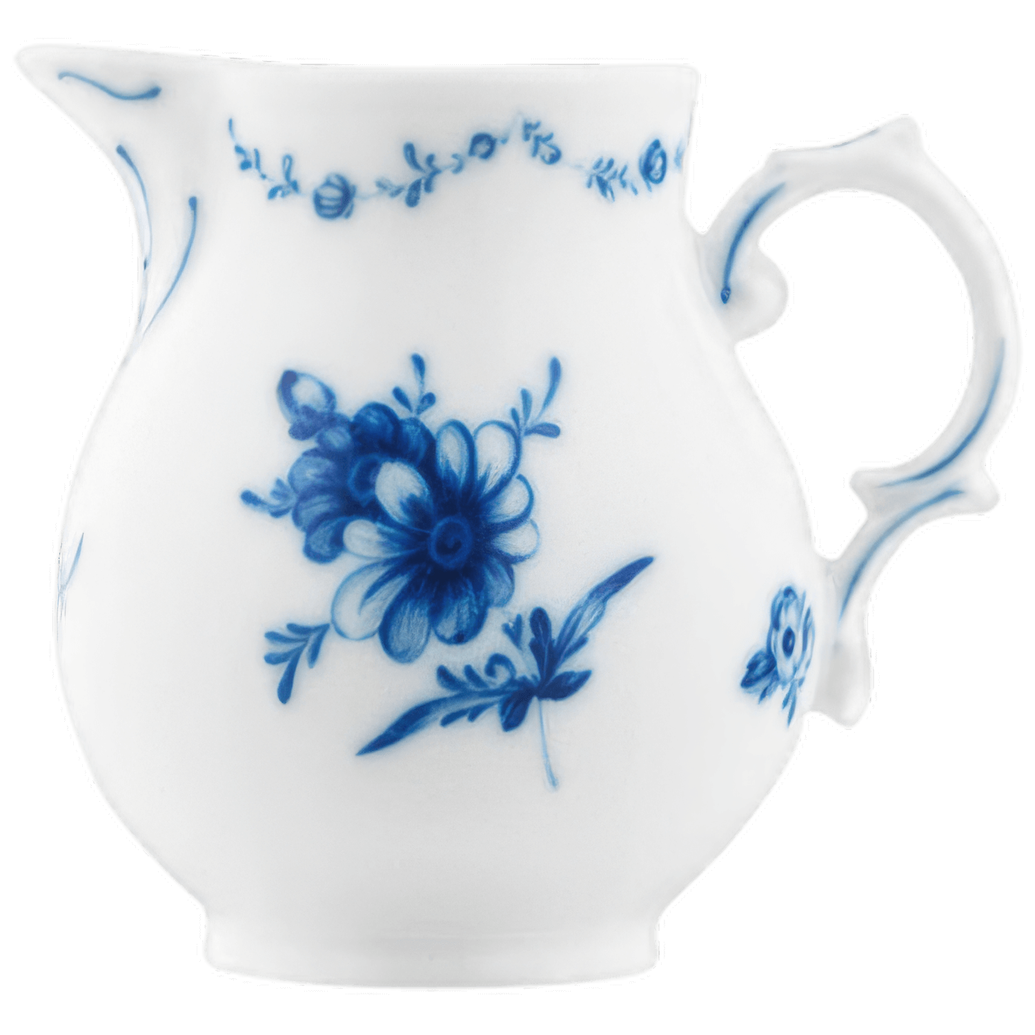 Weißer Porzellan-Milchkrug mit blauen Blumenmustern, geschwungener Henkel. Fürstenberg Porzellan.