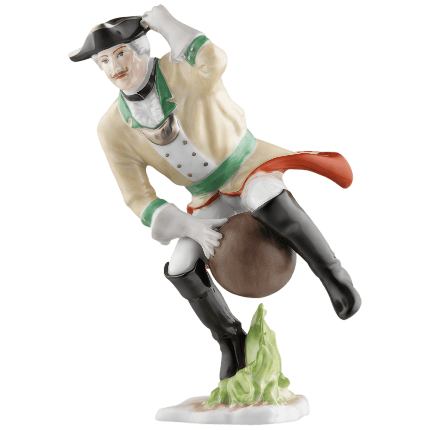 Porzellanfigur eines Mannes, der auf einem Fass balanciert, klassisch gekleidet. Fürstenberg Porzellan.